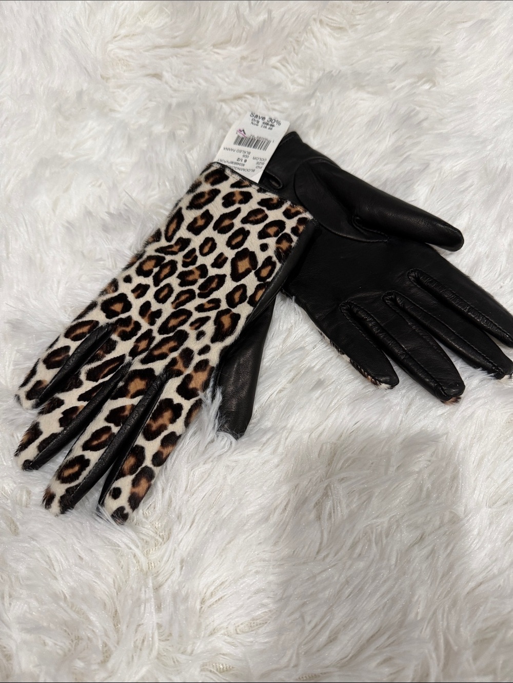 Bloomingdale's Black Leather Gloves with Leopard-Print Back